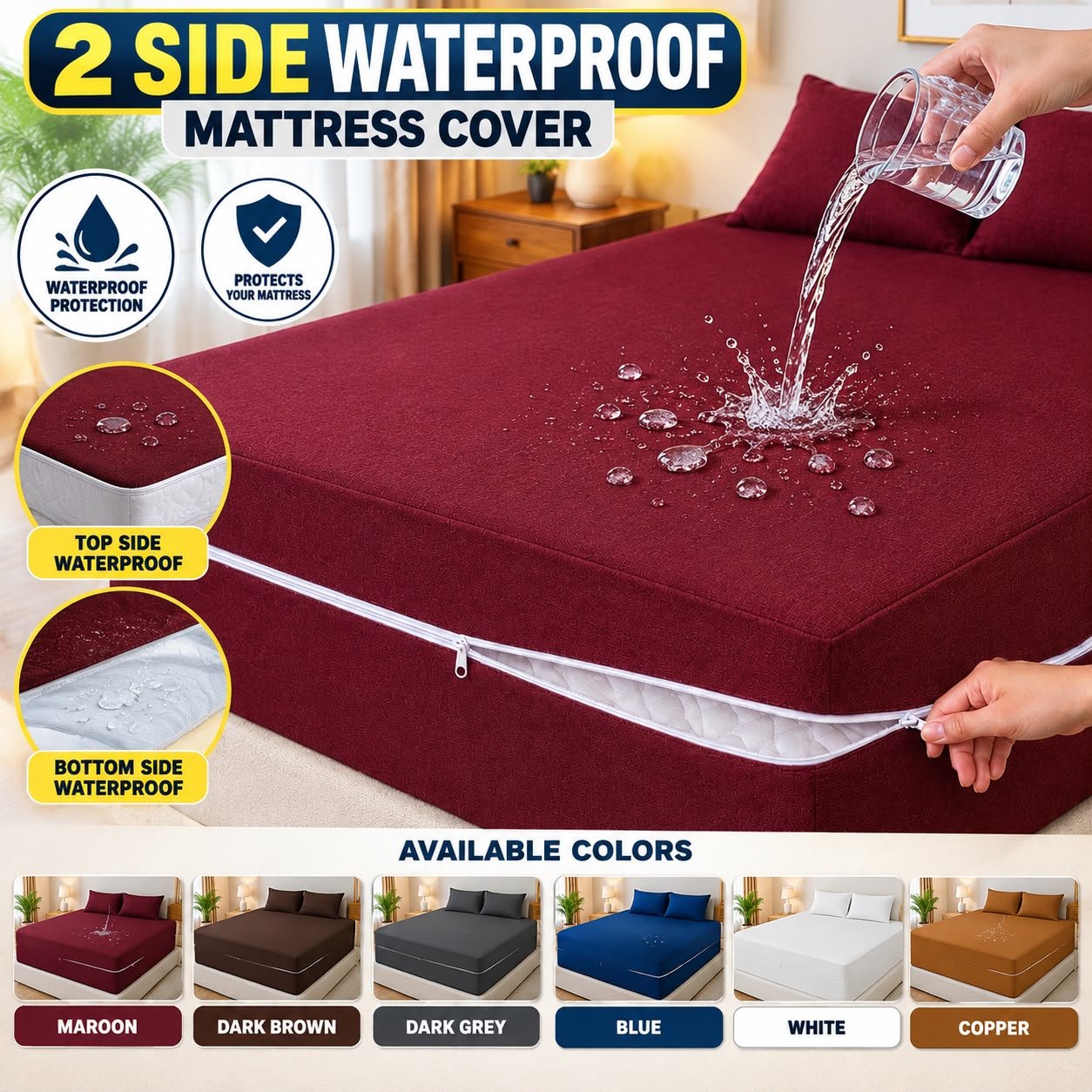 2-SIDE ZIPPER WATERPROOF MATTRESS COVER (Maroon Colour)